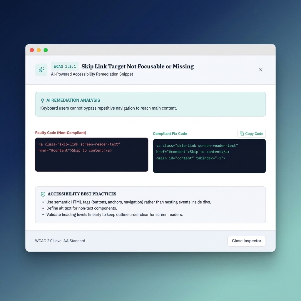 Access Proof AI Remediation panel displaying copy-ready code fix diffs side-by-side