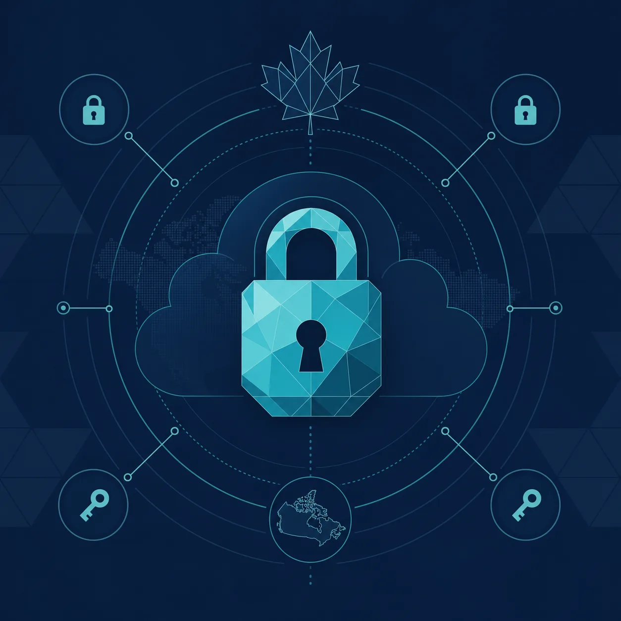 A geometric illustration of a locked padlock inside a protective cloud, ringed by keys and a maple leaf motif, representing encrypted processing with Canadian data residency.